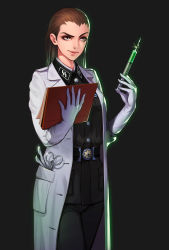 Rule 34 | 1girl, absurdres, alvin ding, belt, black background, black belt, brown eyes, brown hair, closed mouth, coat, commentary, copyright request, cross, gloves, green jacket, green pants, hands up, highres, holding, holding syringe, iron cross, jacket, lab coat, long hair, military, military uniform, open clothes, open coat, pants, scalpel, scissors, simple background, solo, ss insignia, syringe, uniform, white coat, white gloves