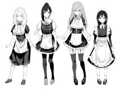 Rule 34 | absurdres, apron, breasts, cleavage, commentary request, detached collar, dress, flat chest, frills, full body, garter straps, glasses, greyscale, hand on own hip, highres, juliet sleeves, large breasts, loafers, long sleeves, low twintails, maid, maid apron, maid headdress, medium dress, monochrome, original, pantyhose, ponytail, puffy short sleeves, puffy sleeves, shoes, short dress, short sleeves, smile, socks, thighhighs, twintails, uraya nagi, waist apron, wrist cuffs