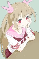Rule 34 | 1girl, absurdres, bad id, bad twitter id, blush, rabbit hair ornament, chair, closed mouth, collarbone, desk, donguri suzume, from above, hair ornament, hand on own cheek, hand on own face, heart, highres, light brown hair, long hair, looking at viewer, nail polish, natori sana, pink sailor collar, red eyes, red nails, red serafuku, red skirt, sailor collar, sana channel, school uniform, serafuku, short sleeves, sitting, skirt, smile, solo, two side up, very long hair, virtual youtuber
