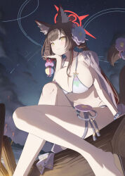 Rule 34 | 1girl, absurdres, animal ear fluff, animal ears, applepie (12711019), bare legs, bead bracelet, beads, bikini, blue archive, blush, bracelet, breasts, brown hair, brown tail, cleavage, closed mouth, cloud, commentary, dutch angle, eyeliner, feet out of frame, flower, fox ears, fox girl, fox tail, from below, hair ornament, halo, halterneck, hand on own chin, hand up, head rest, highres, jewelry, kanzashi, large breasts, legs, long hair, looking afar, mountainous horizon, multicolored hair, night, night sky, official alternate costume, outdoors, red eyeliner, red hair, sidelocks, sitting, sky, smile, solo, star (sky), starry sky, streaked hair, swimsuit, symbol-only commentary, tail, tail flower, tail ornament, thigh strap, thighs, two-tone hair, wakamo (blue archive), wakamo (swimsuit) (blue archive), water, white bikini, yellow eyes