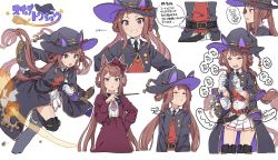 Rule 34 | 1girl, afterimage, animal ears, belt, belt buckle, black footwear, black necktie, black robe, blush, boots, broom, buckle, character name, collared shirt, dress, closed eyes, gloves, grin, hair rings, hand on own hip, hat, highres, holding, holding wand, horse ears, long hair, long sleeves, looking at viewer, low twintails, miniskirt, multiple views, necktie, open mouth, pleated skirt, pout, purple eyes, red dress, red vest, robe, running, shirt, simple background, skirt, smile, speech bubble, speed lines, sweat, sweater vest, sweep tosho (umamusume), teshima nari, thigh boots, translation request, twintails, umamusume, v-shaped eyebrows, vest, wand, white background, white gloves, white shirt, white skirt, witch hat
