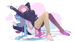 Rule 34 | 2girls, :3, aqua hair, arm up, black shirt, brown pants, commentary, closed eyes, grey jacket, hair ornament, hatsune miku, heart, heart background, indian style, jacket, leaning back, long hair, megurine luka, multiple girls, number print, outstretched arm, pants, pink hair, shirt, sitting, smile, twintails, very long hair, vocaloid, wanaxtuco, white background