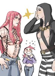 Rule 34 | 3girls, belt, black coat, blue pants, braid, breasts, brown eyes, chest harness, closed mouth, clothing cutout, coat, commentary request, confrontation, diavolo, flying sweatdrops, freckles, genderswap, genderswap (mtf), hand on own hip, harness, hat, highres, jojo no kimyou na bouken, koppe 666, large breasts, long hair, long sleeves, looking at another, medium breasts, midriff, multiple girls, navel, no bra, official alternate costume, open mouth, pants, pink hair, purple sweater, risotto nero, striped clothes, striped pants, sweater, thighs, vento aureo, vinegar doppio, white hair