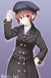 Rule 34 | 10s, 1girl, anti (untea9), arm up, belt, black coat, blue hat, brown eyes, brown hair, buttons, coat, cowboy shot, expressionless, hand on own hip, hat, highres, kantai collection, long sleeves, looking at viewer, purple background, sailor collar, shirt, short hair, simple background, solo, standing, twitter username, uniform, white shirt, z3 max schultz (kancolle)