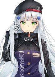 Rule 34 | 1girl, atora, beret, black hat, blunt bangs, blush, breasts, closed mouth, clothes writing, cross hair ornament, facial mark, girls&#039; frontline, gloves, green eyes, grey gloves, hair ornament, hand in own hair, hand up, hat, high collar, highres, hk416 (girls&#039; frontline), jacket, long hair, long sleeves, looking at viewer, medium breasts, purple jacket, sidelocks, silver hair, simple background, smile, solo, straight hair, very long hair, white background