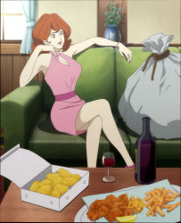 Rule 34 | 1girl, breasts, brown eyes, brown hair, cleavage, dress, highres, large breasts, long hair, lupin iii, lupin iii part 6, mine fujiko, pink dress, stitched, third-party edit