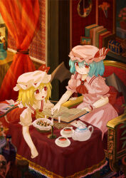 Rule 34 | 2girls, absurdres, ascot, bat wings, blonde hair, blue hair, blurry, blurry background, blurry foreground, book, bookshelf, bottle, brooch, candle, candlestand, closed mouth, collarbone, collared shirt, crystal, cup, curtains, depth of field, ekaapetto, envelope, flandre scarlet, flower, frilled shirt collar, frilled sleeves, frills, glass bottle, hair between eyes, hat, hat ribbon, highres, indoors, jewelry, leaf, light smile, looking at another, looking at object, mob cap, multicolored wings, multiple girls, open book, open mouth, painting (object), picture frame, pink headwear, pink shirt, pink skirt, plant, potted plant, puffy short sleeves, puffy sleeves, red ascot, red brooch, red curtains, red eyes, red ribbon, red skirt, red vest, remilia scarlet, ribbon, rug, saucer, shirt, short sleeves, siblings, sisters, sitting, skirt, skirt set, skull, sleeve ribbon, table, tablecloth, teacup, teapot, touhou, vest, wallpaper (object), white flower, white headwear, white shirt, wings, wrist cuffs, yellow ascot