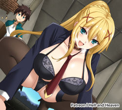 Rule 34 | 1boy, 1girl, arm support, black bra, black panties, black thighhighs, blonde hair, blurry, blurry background, bra, braid, breasts, brown hair, capelet, ceiling, collar, collarbone, commentary, darkness (konosuba), green capelet, green eyes, hair between eyes, hair ornament, hanging breasts, heavy breathing, hellandheaven, high heels, high ponytail, indoors, kono subarashii sekai ni shukufuku wo!, large breasts, long hair, long sleeves, looking at viewer, mountain, necktie, no nose, open clothes, open shirt, panties, partially visible vulva, patreon username, red neckwear, satou kazuma, shirt, squatting, standing, thighhighs, thighs, tile ceiling, tile floor, tiles, tiptoes, tree, underwear, white shirt, x hair ornament