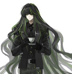 Rule 34 | 1girl, alfonso (project moon), ashi (dongshi389), barcode, barcode tattoo, black necktie, black pants, black shirt, cup, green hair, green necktie, green trim, highres, holding, holding cup, limbus company, long hair, multicolored hair, necktie, pants, project moon, shirt, simple background, solo, streaked hair, tattoo, teacup, white background