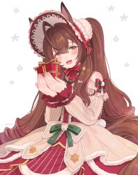 Rule 34 | 1girl, ahoge, blush, bonnet, box, brown eyes, brown hair, commentary request, cowboy shot, dress, gift, gift box, hair between eyes, hair ornament, highres, holding, holding box, horse girl, long hair, looking at viewer, mejiro bright (starry snow lolita) (umamusume), mejiro bright (umamusume), official alternate costume, official alternate hairstyle, ribbon, rio (rio 067), simple background, snowflakes, solo, twintails, twitter username, umamusume, white background