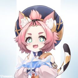 Rule 34 | + +, 1girl, :3, animal ear fluff, bangs pinned back, bridal gauntlets, cat girl, cat tail, commentary, diona (genshin impact), english commentary, fang, forehead, gem, genshin impact, green eyes, hat, highres, holding, kinkaikii, long sleeves, open mouth, pink hair, primogem, puffy sleeves, short eyebrows, short hair, simple background, sleeves past wrists, solo, star-shaped pupils, star (symbol), symbol-shaped pupils, tail, thick eyebrows, topknot, white background