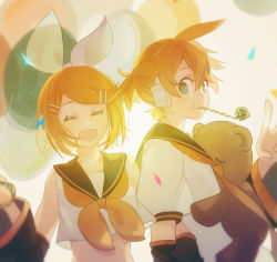Rule 34 | 1boy, 1girl, :d, ^ ^, backlighting, balloon, blonde hair, blowing, blue eyes, blush, brother and sister, chi ya, closed eyes, confetti, detached sleeves, closed eyes, hair ornament, hair ribbon, hairclip, happy, headset, highres, kagamine len, kagamine rin, light particles, locked arms, looking at another, looking back, midriff, necktie, open mouth, party horn, puffy short sleeves, puffy sleeves, ribbon, sailor collar, shirt, short hair, short sleeves, siblings, smile, stuffed animal, stuffed toy, teddy bear, teeth, toy, twins, upper body, upper teeth only, vocaloid, white ribbon, white shirt, yellow neckwear, yellow ribbon