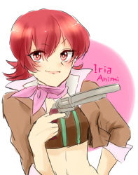 Rule 34 | 1girl, blush, character name, gun, highres, iria animi, jacket, looking at viewer, midriff, navel, red eyes, red hair, scarf, short hair, smile, solo, tales of (series), tales of innocence, weapon