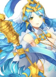 Rule 34 | 1girl, azura (fire emblem), bare shoulders, blue hair, breasts, cleavage, commentary request, detached collar, dress, elbow gloves, eyes visible through hair, fire emblem, fire emblem fates, fire emblem heroes, gloves, hair between eyes, holding, holding staff, jewelry, jurge, long hair, looking at viewer, medium breasts, necklace, nintendo, open mouth, smile, solo, staff, veil, white dress, yellow eyes