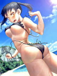 Rule 34 | 1girl, absurdres, artist request, ass, ass focus, beach, bikini, bikini pull, black bikini, black hair, blue sky, bouncing breasts, breasts, cleavage, clothes pull, cloud, cloudy sky, curvy, day, embarrassed, en&#039;en no shouboutai, fang, fingernails, highres, large breasts, looking at viewer, looking back, navel, ocean, palm tree, side-tie bikini bottom, sky, solo, standing, stomach, sunlight, surprised, sweat, swimsuit, tamaki kotatsu, thick thighs, thighs, tree, twintails, wardrobe malfunction, wet, wide hips, yellow eyes