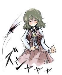 Rule 34 | 1girl, ascot, closed eyes, female focus, green hair, kazami yuuka, motion lines, plaid, plaid skirt, plaid vest, shaded face, short hair, sketch, skirt, smile, solo, suisai (suisao), touhou, vest, white background