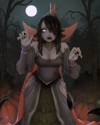 Rule 34 | 1girl, :d, bare shoulders, bare tree, black hair, black nails, blood, blood from mouth, breasts, claw pose, cleavage, colored skin, crown, dress, dripping, fangs, fingernails, forest, full moon, grey dress, grey skin, grey sky, hair over one eye, hands up, highres, large breasts, leech, leech queen (matilda fiship), looking at viewer, matilda fiship, moon, nail polish, nature, night, night sky, one eye covered, open mouth, original, outdoors, sky, smile, solo, standing, tail, tentacle hair, tree, white eyes