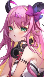 Rule 34 | 1girl, arm strap, asymmetrical horns, bare shoulders, blonde hair, blush, bow, bowtie, breasts, chest harness, commentary request, demon girl, demon horns, fuyouchu, green eyes, hair ornament, harness, headphones, headphones around neck, hololive, horn bow, horn ornament, horns, long hair, looking at viewer, mano aloe, multicolored hair, pink bow, pink bowtie, pink hair, pointy ears, shirt, sleeveless, sleeveless shirt, solo, two-tone hair, uneven horns, virtual youtuber