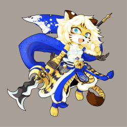 Rule 34 | 1girl, artist request, blonde hair, blue eyes, female focus, fullbokko heroes, furry, furry female, japanese clothes, open mouth, solo, sword, tiger, weapon, zhang fei (fullbokko heroes)