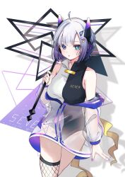 Rule 34 | 1girl, :o, ahoge, bare shoulders, black leotard, blue eyes, blush, breasts, character name, commentary request, drop shadow, fishnet thighhighs, fishnets, fujifuji0330, gradient hair, grey hair, highres, holding, holding umbrella, jacket, jacket partially removed, large breasts, leotard, long sleeves, looking at viewer, multicolored hair, neutrino, neutrino (software), no. 7 (neutrino), pink nails, robot ears, see-through, see-through jacket, short hair, simple background, single fishnet legwear, solo, thighhighs, triangle hair ornament, two-tone leotard, umbrella, umbrella over shoulder, white background, white leotard