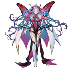 Rule 34 | 1girl, absurdres, alternate costume, bare shoulders, boots, breasts, bridal gauntlets, cleavage, commentary request, covered navel, facial mark, fairy wings, fire emblem, fire emblem heroes, flower, forehead mark, full body, gold trim, grey hair, grin, hair flower, hair ornament, high heels, highres, kainown, large breasts, long hair, looking at viewer, medium breasts, navel, nintendo, official alternate costume, official art, pelvic curtain, plant hair, plumeria (fire emblem), plumeria (rapturous dream) (fire emblem), pointy ears, ponytail, purple eyes, sideboob, simple background, smile, solo, standing, teeth, thigh boots, thighs, thorns, transparent background, very long hair, white background, white footwear, wings