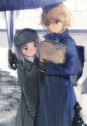 Rule 34 | 2girls, absurdres, bag, beret, black coat, black gloves, black hat, blue coat, blue shirt, blush, brave witches, brown eyes, brown hair, building, can, canned food, character name, closed mouth, coat, collared shirt, day, edytha rossmann, embarrassed, garrison cap, gloves, grey hair, hat, highres, holding, holding umbrella, looking at another, medium hair, multiple girls, non-web source, nose blush, official art, outdoors, paper bag, rain, scan, shared umbrella, shimada fumikane, shirt, short hair, sleeves past wrists, smile, standing, trench coat, umbrella, waltrud krupinski, wing collar, world witches series