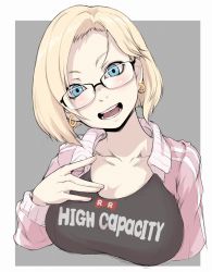 Rule 34 | 1girl, android 18, bespectacled, black-framed eyewear, blonde hair, blue eyes, border, breasts, clothes writing, collarbone, cropped torso, dragon ball, dragonball z, earrings, emblem, english text, forehead, glasses, grey background, hand on own chest, head tilt, hoop earrings, ina (gokihoihoi), jacket, jewelry, large breasts, long sleeves, looking at viewer, open clothes, open jacket, open mouth, outside border, over-rim eyewear, pink jacket, red ribbon army, semi-rimless eyewear, short hair, simple background, smile, solo, swept bangs, track jacket, upper body, white border