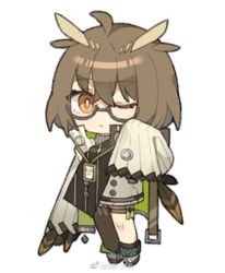 Rule 34 | 1girl, ahoge, anklet, arknights, baiwei er hao ji, black thighhighs, braid, brown hair, buttons, chibi, coat, feathers, full body, glasses, id card, infection monitor (arknights), jewelry, lanyard, long sleeves, looking at viewer, lowres, one eye closed, semi-rimless eyewear, short hair, silence (arknights), simple background, single braid, sleeves past fingers, sleeves past wrists, solo, standing, thigh strap, thighhighs, under-rim eyewear, vial, weibo logo, weibo watermark, white background, white coat
