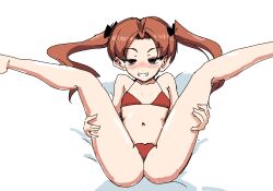 Rule 34 | 1girl, bikini, blush, brown eyes, brown hair, flat chest, girls und panzer, kadotani anzu, looking at viewer, lying, navel, on back, picccolo0401, solo, spread legs, swimsuit, twintails