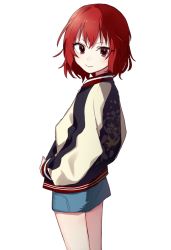 Rule 34 | 10s, 1girl, blue skirt, closed mouth, contemporary, cowboy shot, floral print, from behind, from side, hands on own hips, idolmaster, idolmaster cinderella girls, jacket, legs together, letterman jacket, long sleeves, looking back, miniskirt, murakami tomoe, purple eyes, red hair, short hair, simple background, skirt, smile, solo, standing, thighs, track jacket, white background, yuyupo