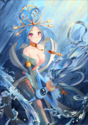 Rule 34 | 1girl, absurdres, blue hair, breasts, cleavage, hair ornament, highres, jewelry, long hair, magi the labyrinth of magic, purple eyes, ren kougyoku, smile, solo, water, yi l chen 5