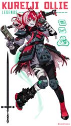 Rule 34 | 1girl, absurdres, ahoge, apex legends, armor, bandaged arm, bandages, black footwear, black skirt, black thighhighs, bsapricot, character name, commentary, cosplay, double bun, english commentary, explosive, fangs, grenade, grey hair, gun, hair bun, heterochromia, highres, holding, holding grenade, holding gun, holding weapon, hololive, hololive indonesia, juliet sleeves, knee pads, kureiji ollie, long sleeves, pink hair, puffy sleeves, red eyes, red hair, sa-3 mozambique, single thighhigh, skirt, solo, stitched face, stitches, thighhighs, udin (kureiji ollie), virtual youtuber, weapon, yellow eyes, zombie