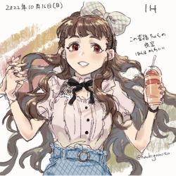 Rule 34 | 1girl, black bow, blue skirt, bow, brown hair, cup, dated, drinking straw, floating hair, hachigamoto, hair behind ear, hair bow, holding, holding cup, holding hands, idolmaster, idolmaster cinderella girls, kamiya nao, long hair, looking at viewer, parted lips, pink shirt, plaid, plaid bow, puffy short sleeves, puffy sleeves, red eyes, shirt, short sleeves, sketch, skirt, smile, solo focus, very long hair, white bow