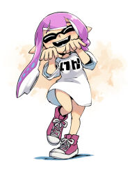 Rule 34 | 1girl, :d, ^ ^, asymmetrical hair, closed eyes, converse, fangs, full body, hands up, inkling, inkling girl, inkling player character, leg up, long hair, long shirt, muramasa mikado, nintendo, open mouth, pink footwear, pointy ears, purple hair, shirt, shoelaces, shoes, smile, sneakers, solo, splatoon (series), suction cups, teeth, tentacle hair, white background, white shirt