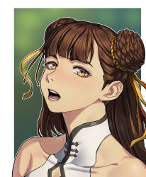 Rule 34 | 1girl, absurdres, bare shoulders, black survival, blunt bangs, brown hair, bymjim, chinese clothes, collarbone, commentary, double bun, english commentary, hair bun, hair ribbon, highres, li dailin, long hair, looking at viewer, open mouth, ribbon, sleeveless, solo, yellow eyes