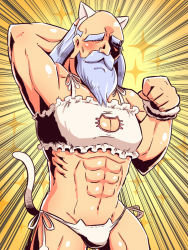 Rule 34 | 1boy, abs, animal ears, arm behind head, arm up, bare shoulders, beard, bra, cat boy, cat cutout, cat ear panties, cat ears, cat lingerie, cat tail, cleavage cutout, clothing cutout, crossdressing, emphasis lines, etrian odyssey, facial hair, facing viewer, fake animal ears, frilled bra, frills, groin, hand up, head tilt, male focus, meme attire, monk (sekaiju), muscular, mustache, naga u, old, old man, panties, pectoral cleavage, pectorals, sekaiju no meikyuu, sekaiju no meikyuu 3, side-tie panties, silver hair, solo, sparkle background, tail, tail raised, thick eyebrows, underwear, underwear only, white bra, white panties, yellow background