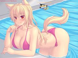 Rule 34 | 1girl, animal ears, ass, bare shoulders, bikini, blonde hair, blush, breasts, cat ears, cat tail, cleavage, come hither, highres, large breasts, leaning, leaning forward, long hair, looking at viewer, naughty face, nottytiffy, red eyes, shiny skin, smile, solo, swimsuit, tail, tiffy (nottytiffy), tongue, tongue out, water, wet, wet hair
