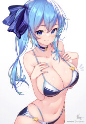 Rule 34 | 1girl, alternate breast size, bikini, blue bikini, blue choker, blue eyes, blue hair, blue nails, blue ribbon, breasts, choker, cleavage, closed mouth, collarbone, hair ribbon, high side ponytail, hololive, hong (white spider), hoshimachi suisei, large breasts, long hair, looking at viewer, navel, ribbon, simple background, smile, solo, stomach, strap gap, swimsuit, virtual youtuber, white background