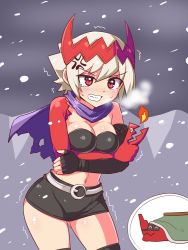 Rule 34 | 1girl, anger vein, angry, belt, black gloves, black shirt, black skirt, black thighhighs, blouse, blue cape, breasts, breath, cape, cold, cougar (cougar1404), crop top, crossed arms, dragon: marked for death, elbow gloves, empress (dmfd), fingerless gloves, fire, fire, frown, gloves, grey belt, grimace, inset, kotatsu, looking at viewer, medium breasts, microskirt, midriff, navel, outdoors, red eyes, shirt, short hair, single glove, skirt, snowing, solo, standing, strapless, strapless shirt, table, tearing up, thighhighs, trembling, white hair