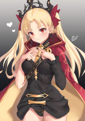 Rule 34 | 1girl, absurdres, black leotard, black nails, blonde hair, blush, breasts, cape, closed mouth, cowboy shot, earrings, ereshkigal (fate), fate/grand order, fate (series), fingers together, gradient background, grey background, groin, hair ribbon, heart, highres, hood, hood down, hooded cape, jewelry, leotard, long hair, looking at viewer, medium breasts, miso (b7669726), nail polish, parted bangs, red cape, red eyes, red ribbon, ribbon, simple background, skull, smile, solo, spine, tiara, two side up, very long hair