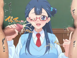 Rule 34 | 1girl, blue eyes, blue hair, blush, breasts, censored, collared shirt, cum, cum on body, cum on breasts, cum on clothes, cum on upper body, ejaculation, erection, facial, glasses, hair over shoulder, handjob, highres, hugtto! precure, indoors, large breasts, large penis, legs, long hair, looking at viewer, male pubic hair, mosaic censoring, necktie, one eye closed, open mouth, penis, penis poke, penis size difference, precure, pubic hair, red-framed eyewear, school uniform, shirt, sidelocks, sitting, size difference, small penis, small penis humiliation, smile, solo focus, sound effects, standing, tedain, thighs, upper body, yakushiji saaya