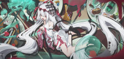 Rule 34 | 1girl, bare shoulders, black footwear, breasts, demon girl, double bun, dress, food, glasses, grey hair, hair bun, highres, long hair, open mouth, original, plate, red eyes, shoes, small breasts, solo, twintails, very long hair, white dress, wiersa