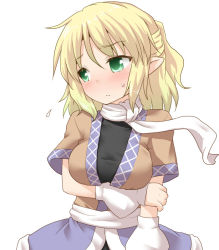 Rule 34 | 1girl, holding another&#039;s arm, arm warmers, blonde hair, blush, breast rest, breasts, green eyes, half updo, holding own arm, looking to the side, mizuhashi parsee, natsu no koucha, pointy ears, scarf, short hair, short sleeves, simple background, solo, sweat, touhou, white background