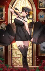 Rule 34 | 1girl, arm at side, arm up, black choker, black dress, black gloves, black hair, black thighhighs, blush, breasts, bug, butterfly, choker, cleavage, commentary, covered navel, dagger, dress, dual wielding, english commentary, falling petals, feet out of frame, fingerless gloves, flower, gloves, gold hairband, hairband, hanh chu, highres, holding, holding dagger, holding knife, holding weapon, indoors, insect, knife, leaf, looking at viewer, medium breasts, nail polish, painting (object), petals, red eyes, red flower, red nails, red rose, rose, short dress, short hair with long locks, sidelocks, smile, solo, spy x family, standing, stiletto (weapon), thighhighs, thighs, two-sided dress, two-sided fabric, v-shaped eyebrows, weapon, yellow flower, yellow rose, yor briar, zettai ryouiki