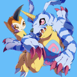 Rule 34 | claws, digimon, digimon (creature), gabumon, highres, horns, looking at another, reptile, tunomon
