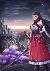 Rule 34 | 1girl, bad id, bad pixiv id, bare shoulders, black hair, blue eyes, braid, cherry blossoms, city, cleavage cutout, clothing cutout, cloud, cloudy sky, cyborg, detached sleeves, earrings, facial mark, forehead mark, hair pulled back, hakama, hakama skirt, hand on hilt, headgear, highres, japanese clothes, jewelry, katana, kimono, mountain, nairobi song, original, petals, red pupils, science fiction, serious, skirt, sky, slit pupils, solo, sword, unmoving pattern, weapon, wide sleeves
