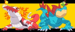 Rule 34 | 45 (maruyaki45), absurdres, all fours, beak, black eyes, claws, closed mouth, creatures (company), fang, fangs, fangs out, feraligatr, fire, full body, game freak, gen 2 pokemon, highres, natu, nintendo, no humans, on head, pokemon, pokemon (creature), pokemon on head, sharp teeth, skeledirge, skin fang, talons, teeth, wings, yellow background, yellow eyes