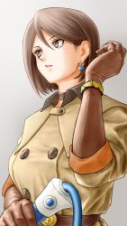 Rule 34 | 1girl, brown hair, choker, earrings, gloves, highres, jewelry, military, military uniform, short hair, snk, solo, the king of fighters, uniform, upper body, whip, whip (kof), x chitch