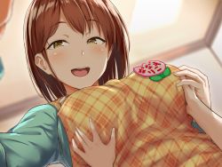 Rule 34 | 1girl, aoi tiduru, apron, blush, grabbing another&#039;s breast, breasts, brown eyes, brown hair, from below, grabbing, green sweater, hand on own chest, indoors, large breasts, looking at viewer, open mouth, original, plaid, plaid apron, short hair, smile, solo focus, sweater, yellow apron