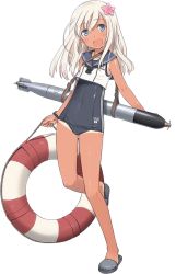 Rule 34 | 10s, 1girl, :d, bare legs, bare shoulders, black neckerchief, blonde hair, blouse, blue eyes, blue one-piece swimsuit, blush, bracelet, character name, clothes writing, full body, head tilt, innertube, jewelry, kantai collection, lifebuoy, long hair, looking at viewer, neckerchief, official art, one-piece swimsuit, one-piece tan, open mouth, ro-500 (kancolle), sailor collar, school swimsuit, shimada fumikane, shirt, sleeveless, sleeveless shirt, slippers, smile, solo, standing, standing on one leg, swim ring, swimsuit, swimsuit under clothes, tan, tanline, torpedo, transparent background, white shirt